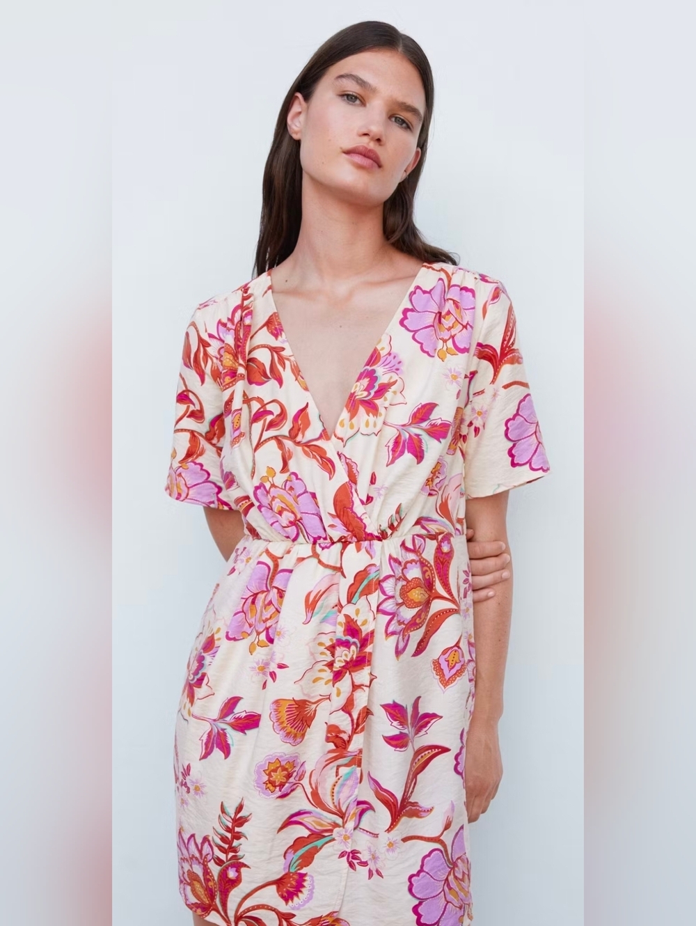 Mango Floral Mini Dress in Cream with Pink and Orange Blooms